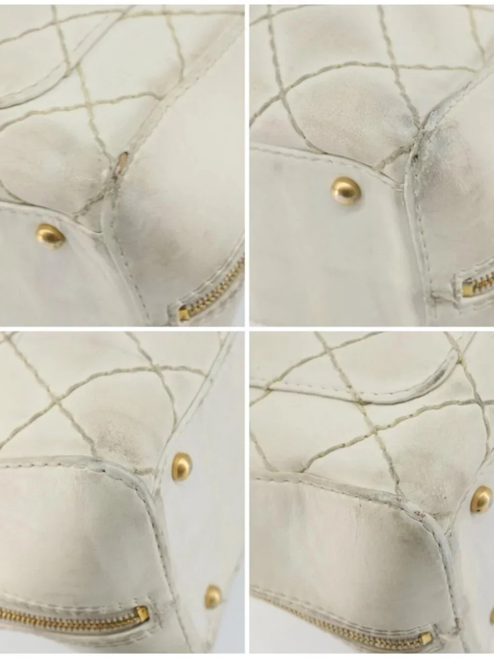 CHANEL Wild Stitch Hand Bag Leather White Gold CC Auth BA6858